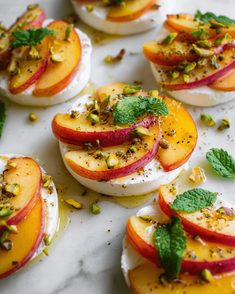 The image shows several small white circular layers of creamy soft cheese as the base, each topped with thinly sliced peach wedges arranged neatly in overlapping rows. On top of the peach slices, there are small crushed pistachio pieces adding texture and a sprinkle of black pepper visible on the cheese and fruit. Fresh green mint leaves are placed on each piece for color and freshness. The entire dish is lightly drizzled with a golden honey-like syrup. The background is a white marbled surface. photo taken with an iphone --ar 4:5 --v 7