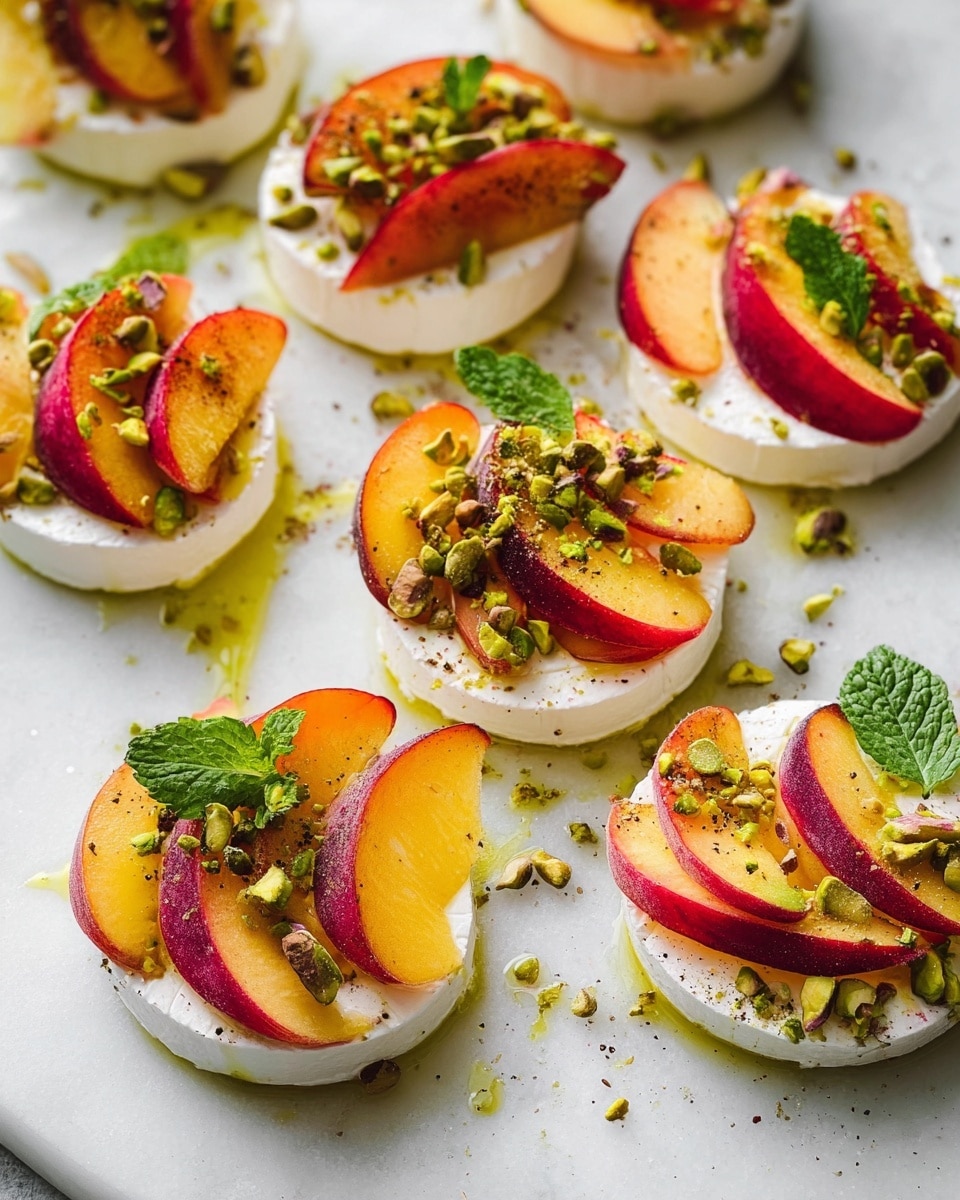 The image shows several small stacks arranged on a white marble surface, each with three layers. The bottom layer is a smooth, white round cheese base. On top of the cheese, there are thin slices of red and yellow peaches, fanned out neatly to reveal their juicy texture. Crushed green pistachios are sprinkled generously over the peaches, adding a rough texture and color contrast. Small fresh green mint leaves are placed on top of each stack, adding a pop of color. A light drizzle of yellowish olive oil glistens over everything, and a few small black pepper specks add detail on the white marble surface around the stacks. photo taken with an iphone --ar 4:5 --v 7