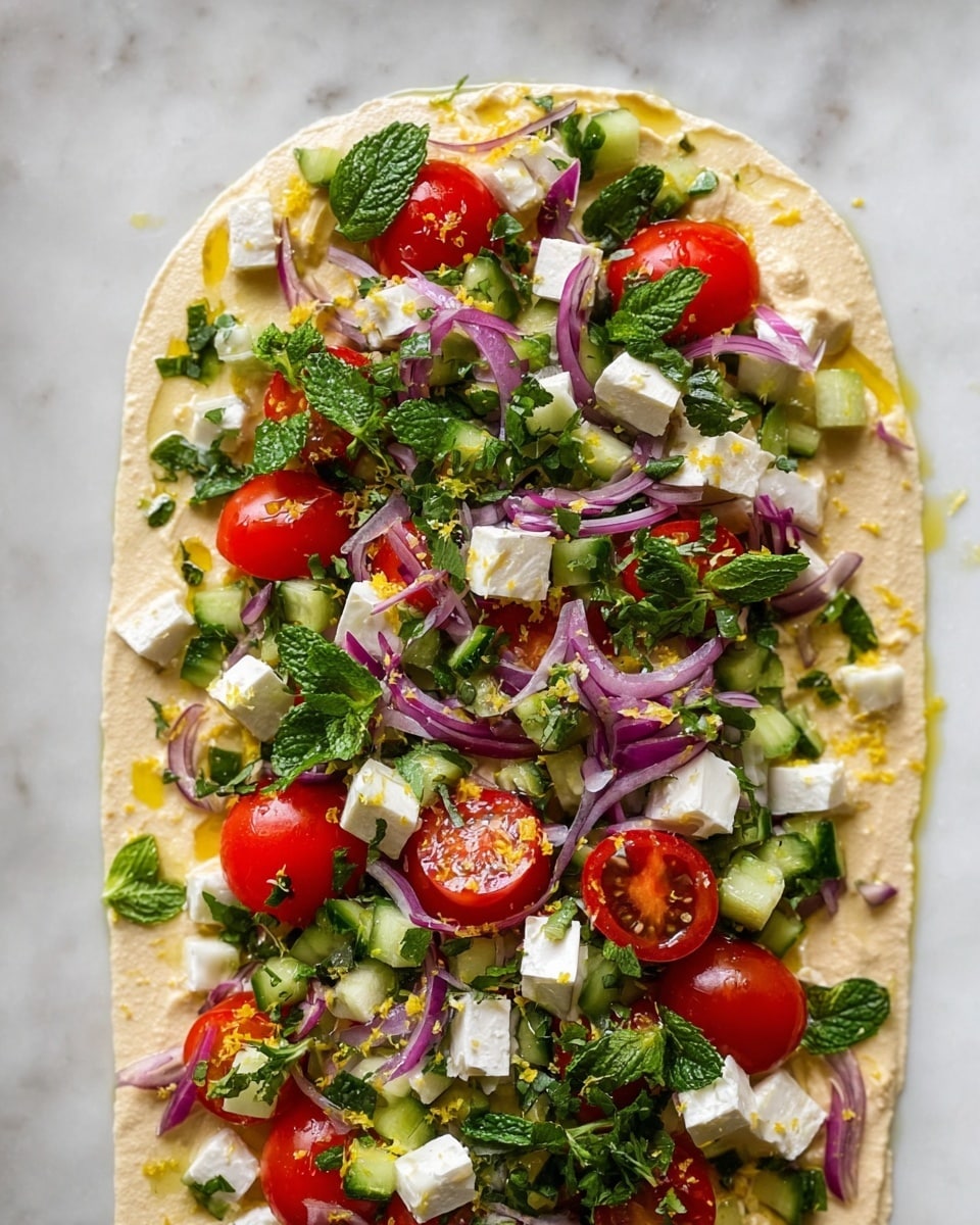 The image shows a flat dish with a creamy beige base layer, spread evenly to cover the surface. On top, there is a colorful mix of fresh vegetables and herbs arranged in a loose layer down the center. This mix includes bright red cherry tomato halves, white cheese cubes, thin translucent purple onion slices, and small green leaves which look like mint and parsley. There are also small chopped pieces of cucumber and red bell pepper mixed in, along with some yellow zest sprinkled throughout. The whole dish rests on a white plate placed on a white marbled texture. photo taken with an iphone --ar 4:5 --v 7