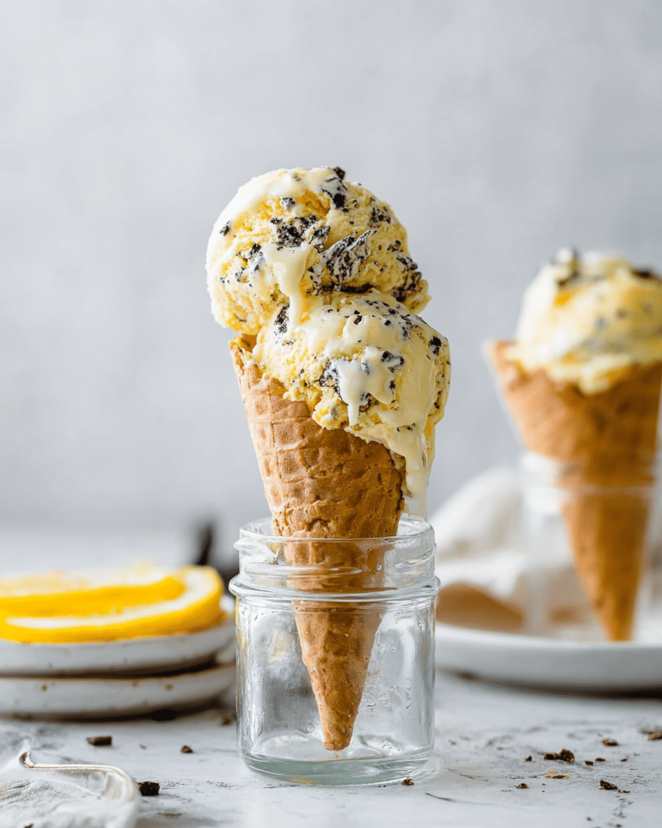 A waffle cone filled with two large scoops of light yellow ice cream with dark chocolate chunks is placed inside a clear glass jar. The ice cream is slightly melting and dripping down the side of the cone, showing creamy texture with specks of chocolate. The jar sits on a white marbled surface, and in the background is a white plate with yellow sliced fruit that is softly blurred. Another similar ice cream cone in a glass jar is partially visible to the right on a white plate, also on the white marbled surface. The photo taken with an iphone --ar 4:5 --v 7