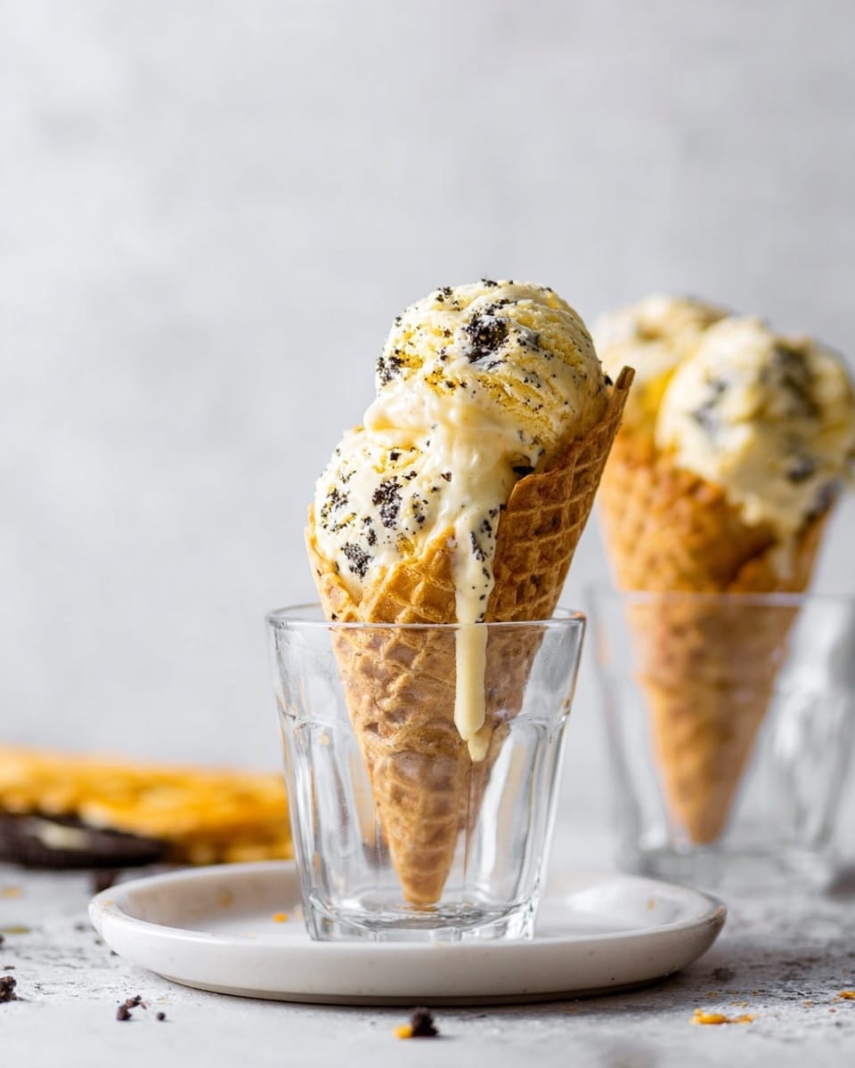 A close-up of two ice cream cones with light yellow cookies and cream ice cream, each cone placed inside a clear glass on a white marbled surface. The ice cream is creamy with visible dark cookie pieces, slightly melting and dripping down one cone’s side. One glass is in the foreground, showing detailed texture of the waffle cone and melted ice cream, while the second glass is slightly blurred in the background on a white plate. The background is softly blurred with light neutral tones, giving focus to the ice cream cones. Photo taken with an iphone --ar 4:5 --v 7