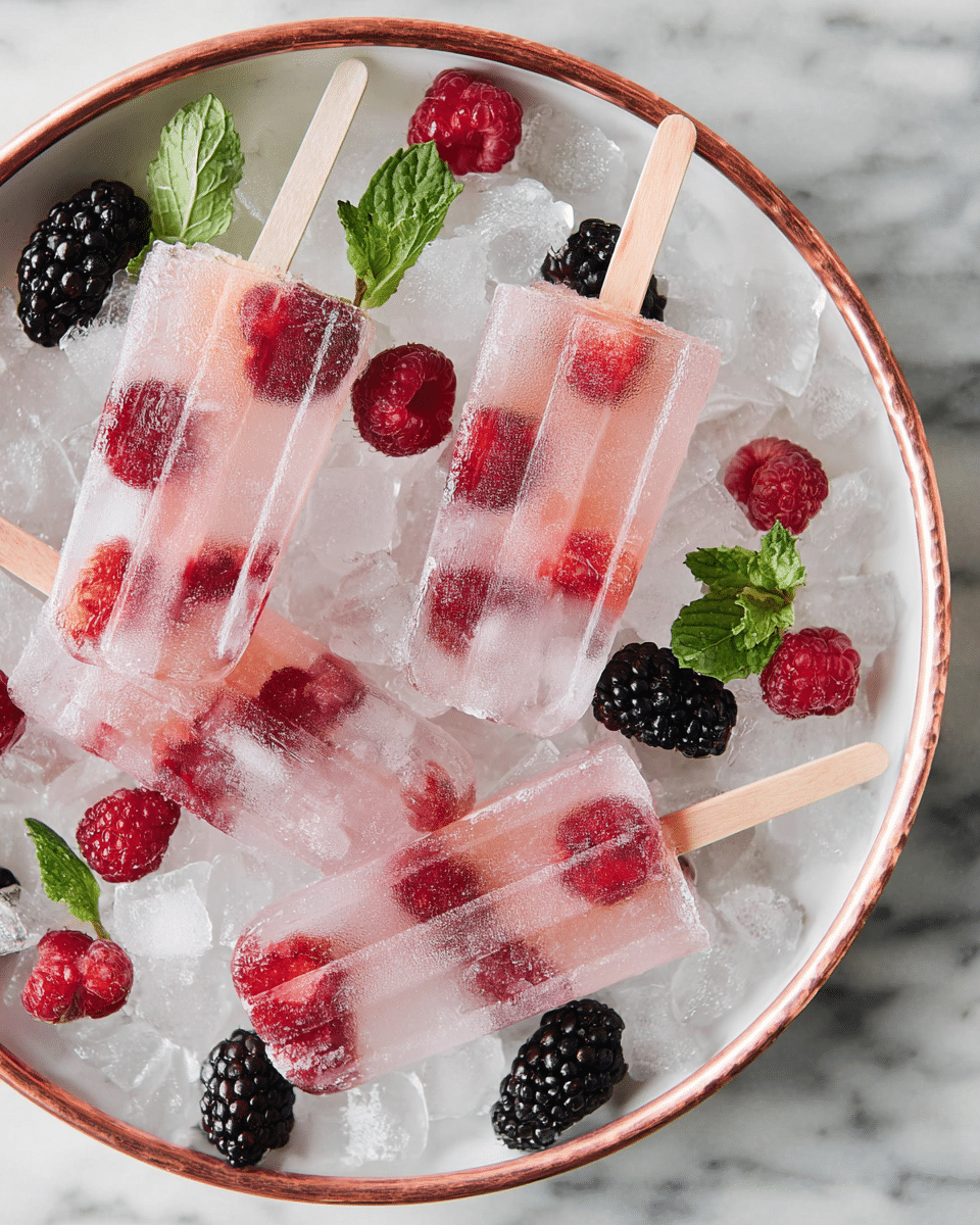 The image shows several clear ice pops with bright red raspberries frozen inside, arranged on crushed ice in a white bowl with a copper rim. Each ice pop has a wooden stick placed vertically inside and contains three to four raspberries suspended in translucent frozen water, showing a smooth, glossy texture. The bowl rests on a white marbled surface and is also decorated with fresh whole raspberries, blackberries, and green mint leaves scattered around the ice pops and ice cubes. The overall look is fresh, cool, and colorful, with a mix of red, black, green, and clear icy tones. Photo taken with an iphone --ar 4:5 --v 7