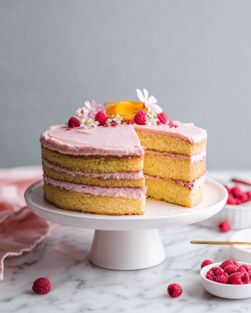 A three-layer yellow cake with light pink frosting between each layer and on top is displayed on a white cake stand. The frosting is smooth with a soft texture, and there is a slice cut out showing the airy inside of the cake. The top layer is decorated with small red raspberries, pink flowers, and a yellow-orange fruit slice. The cake stand sits on a white marbled surface with a few scattered raspberries and a small white bowl with a golden spoon nearby. Photo taken with an iphone --ar 4:5 --v 7
