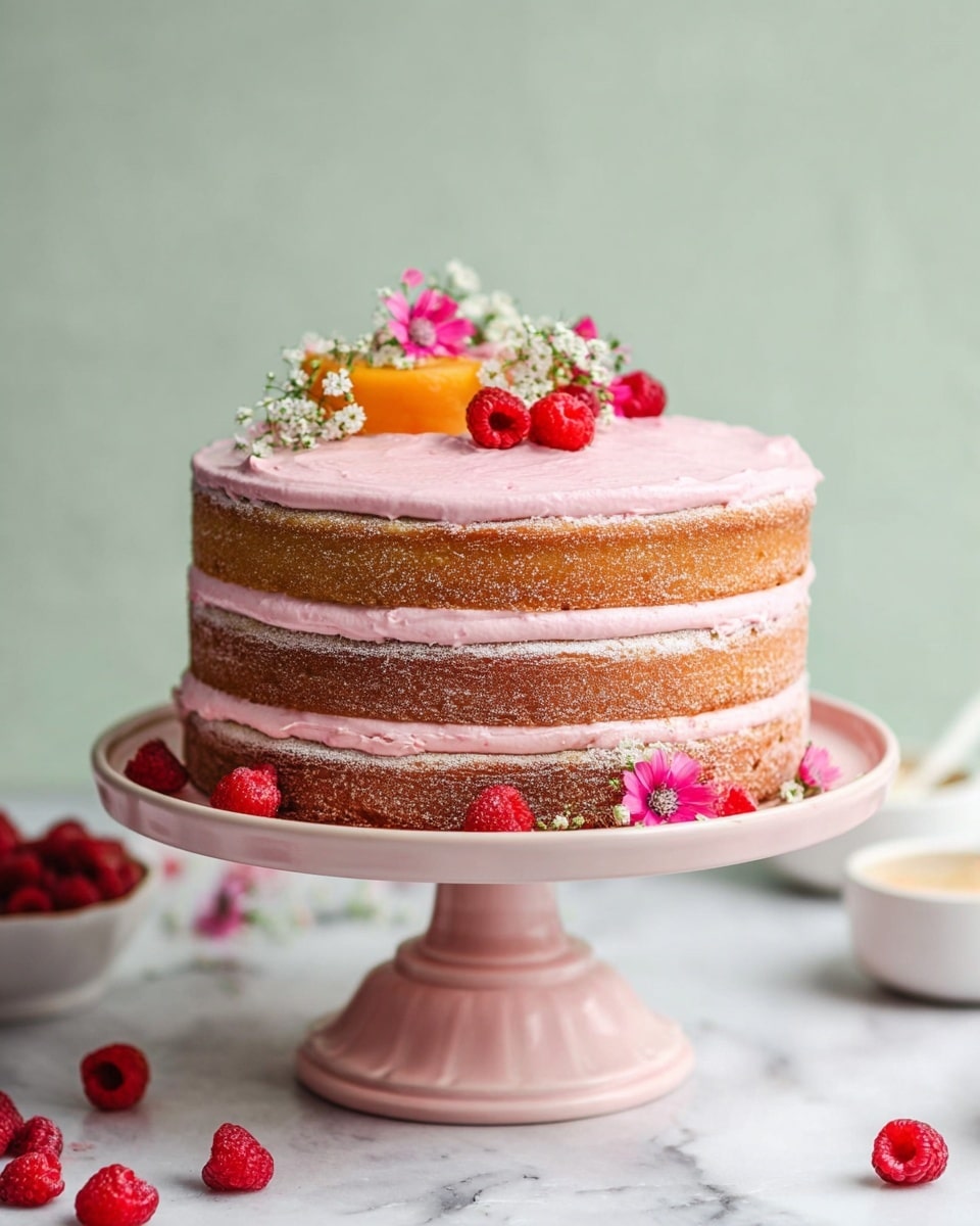 A three-layer cake sits on a pale pink cake stand with a fluted base. The cake layers alternate between light brown sponge and thick pink frosting, with the frosting slightly thin at the edges, revealing some of the cake beneath. The top layer is fully covered with smooth pink frosting and decorated with a few small bright pink flowers, some delicate white blossoms, fresh red raspberries, and an orange-yellow slice of fruit. The background is a soft, pale green, and the cake stand is placed on a white marbled surface, with scattered red raspberries and small white bowls around it. photo taken with an iphone --ar 4:5 --v 7