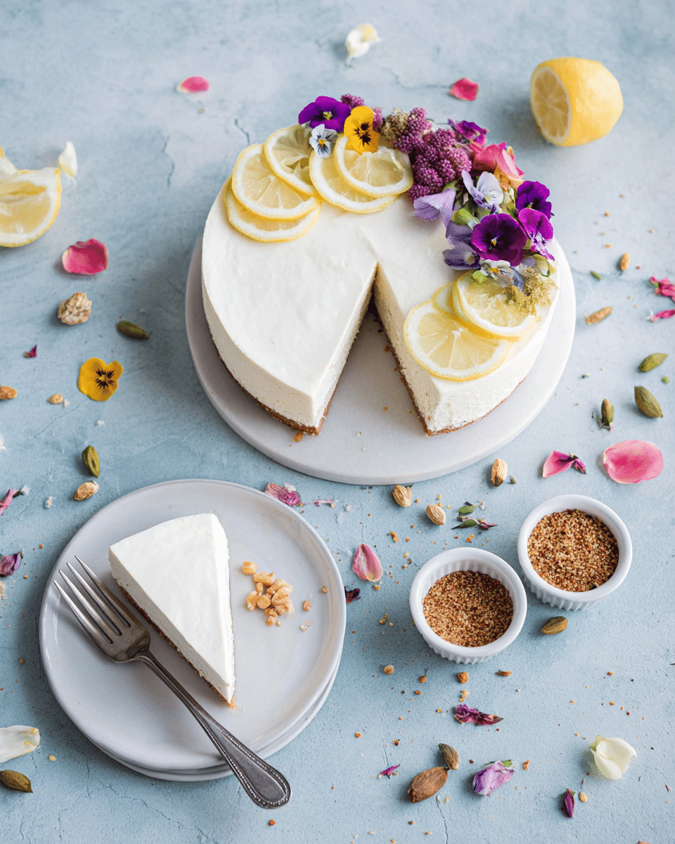 A white round cheesecake with a smooth creamy top and a light brown crumb base, decorated with thin lemon slices and colorful edible flowers in shades of purple, pink, and yellow arranged on one side, sits on a light blue background with scattered flower petals around. A single slice of the cheesecake is served on a white plate with a silver fork beside it. Two small white ramekins hold crushed nuts and brown spices, with a lemon wedge nearby. The surface is a white marbled texture. photo taken with an iphone --ar 4:5 --v 7
