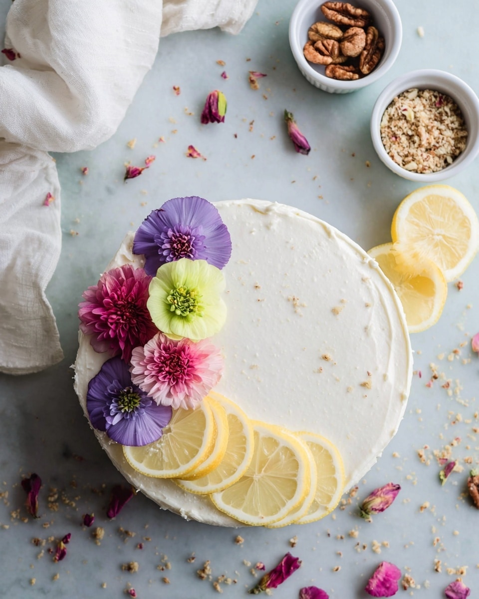 A white frosted cake sits on a white marbled surface, decorated with four colorful flowers arranged in a cluster on one side near the edge—one large purple, one pink, one yellow-green, and one smaller pink flower. Next to the flowers, thin, overlapping slices of lemon form a fan shape along the edge of the cake. Scattered flower petals in purple and pink colors and loose crumbs surround the cake on the surface. Two small white ramekins with nuts and brown seeds are placed above the cake, along with a lemon wedge. A white cloth is partially visible in the upper left corner. Photo taken with an iphone --ar 4:5 --v 7