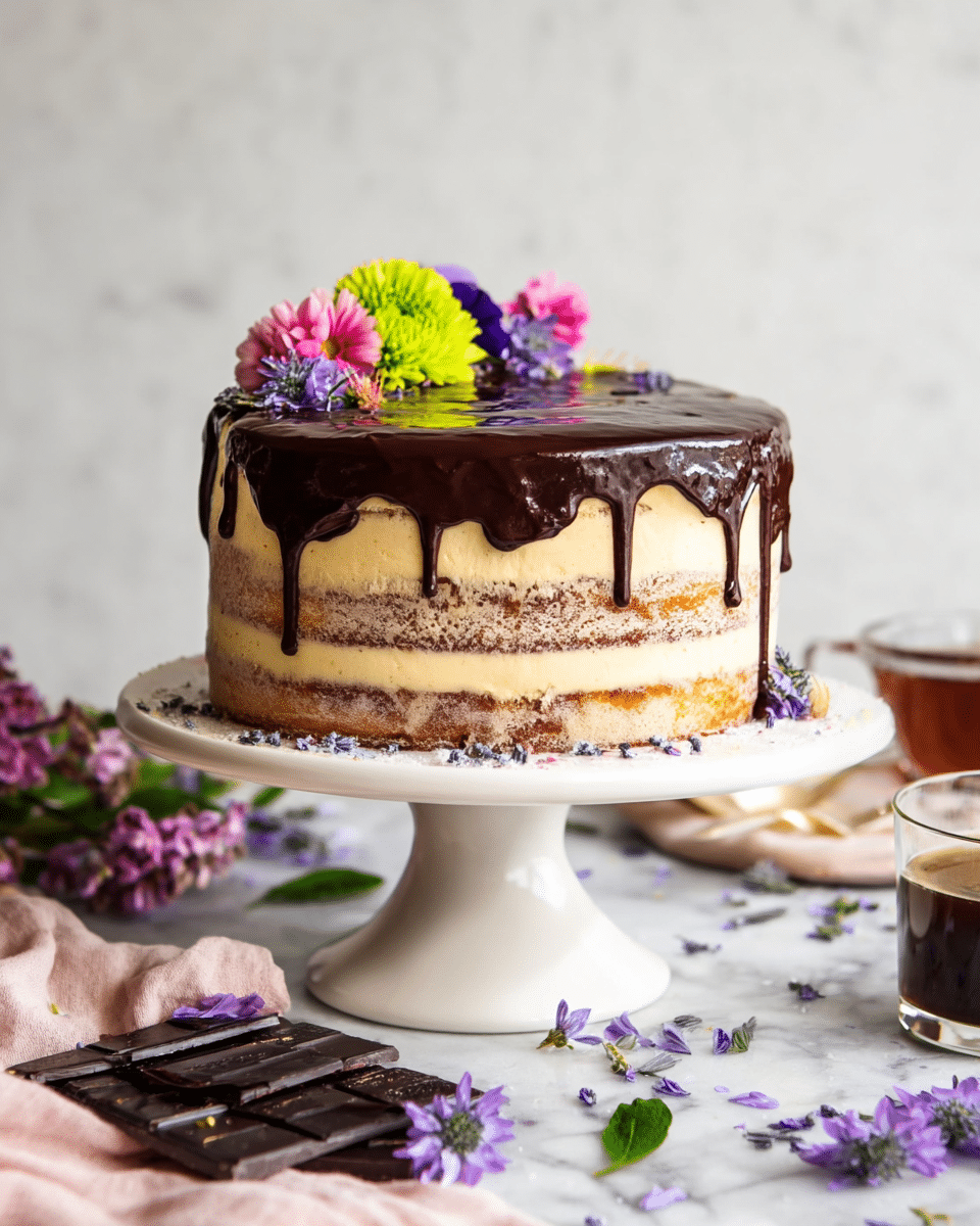 The image shows a layered cake on a white cake stand with a fluted base, placed on a surface with a white marbled texture. The cake has five visible layers, alternating light beige and pale yellow with smooth frosting between each. It is topped with a thick, glossy dark chocolate glaze that drips down the sides unevenly. On one side of the cake top, there is a small bouquet of colorful edible flowers including bright green, deep purple, and pink blossoms arranged as decoration. The foreground has scattered small purple flower petals and green leaves, with dark chocolate bars wrapped in black packaging and a glass cup with a dark drink nearby. Photo taken with an iphone --ar 4:5 --v 7