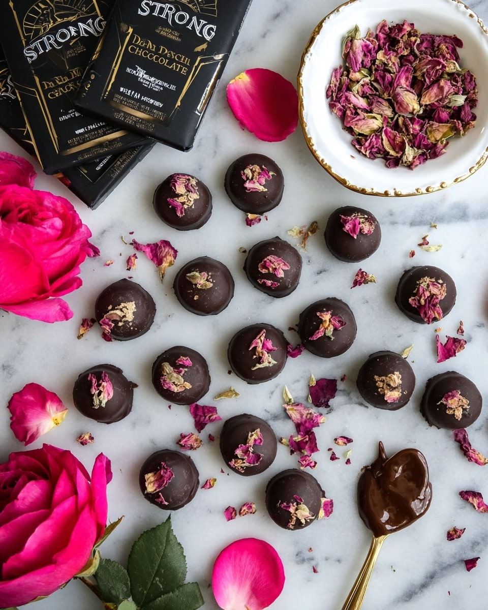 The image shows round chocolate balls placed on a white marbled texture surface. Each ball has a shiny smooth dark chocolate coating with some uneven drips around the base. On top of every chocolate ball, there are scattered dried pink and light brown flower petals, adding a soft and delicate texture contrast. The petals are unevenly spread with some falling around the balls on the white marbled surface, creating a natural and decorative look. The chocolate balls are arranged loosely in a scattered pattern with soft shadows beneath them. photo taken with an iphone --ar 4:5 --v 7