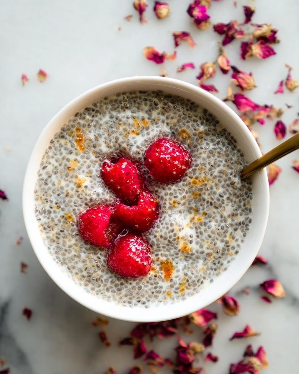 A white bowl filled with a thick mixture of creamy chia pudding that has many small black chia seeds and tiny orange bits spread evenly throughout. Five bright red raspberries are partially sunk into the pudding, with some bubbling liquid around them, creating a shiny, wet texture on the surface. A golden spoon is partly visible inside the bowl on the right side, slightly covered by the pudding. The bowl rests on a white marbled surface scattered with small dried red and pink flower petals in the background. photo taken with an iphone --ar 4:5 --v 7