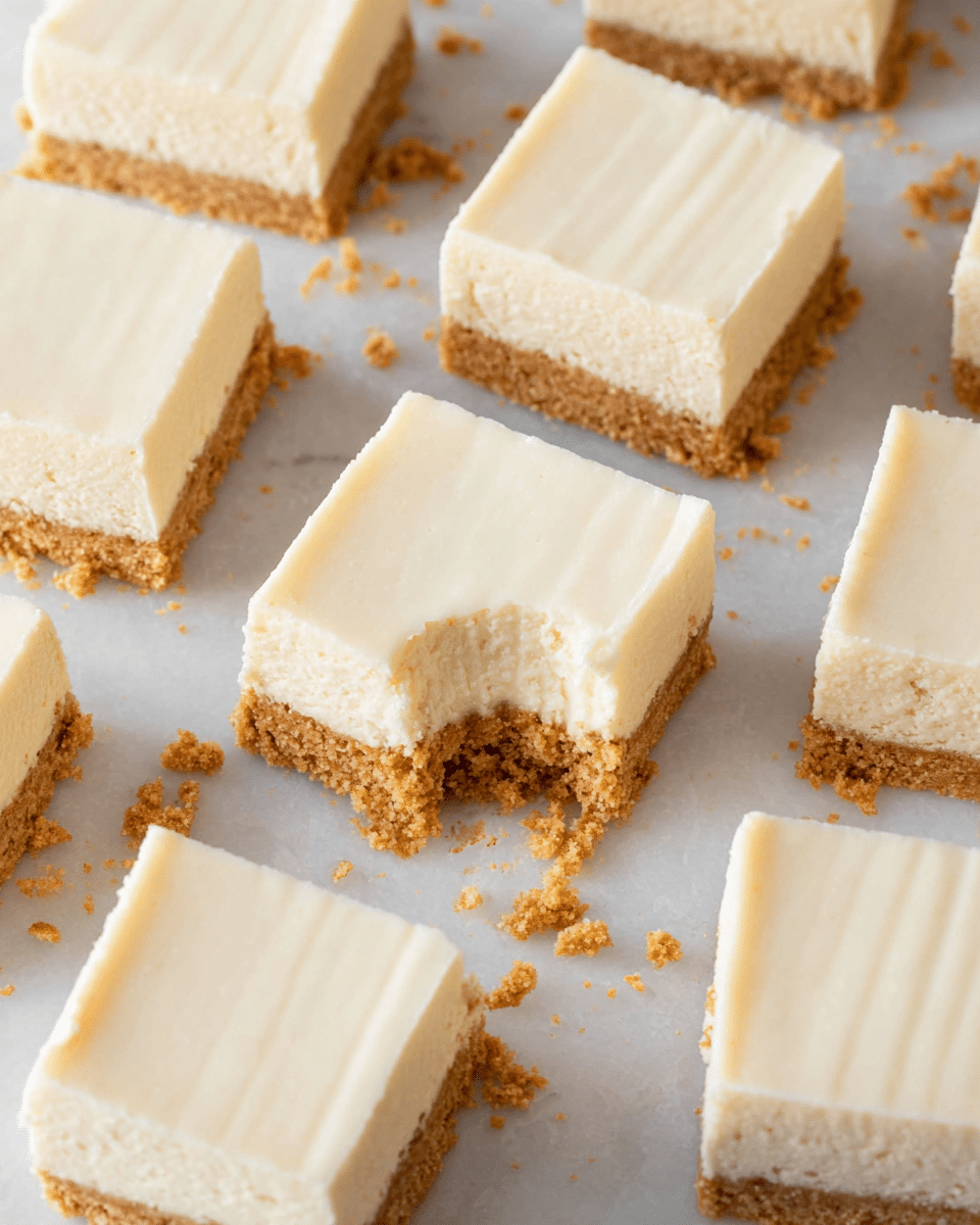 The image shows several square cheesecake bars arranged on a white marbled texture with a smooth top layer of creamy, pale off-white cheesecake and a thick bottom layer of crumbly, golden-brown graham cracker crust. One bar in the center has a bite taken out, revealing the soft, dense, and smooth texture of the cheesecake layer above the crumbly crust with some crumbs scattered around it. The cheesecake top has subtle lines giving a slightly textured appearance. photo taken with an iphone --ar 4:5 --v 7