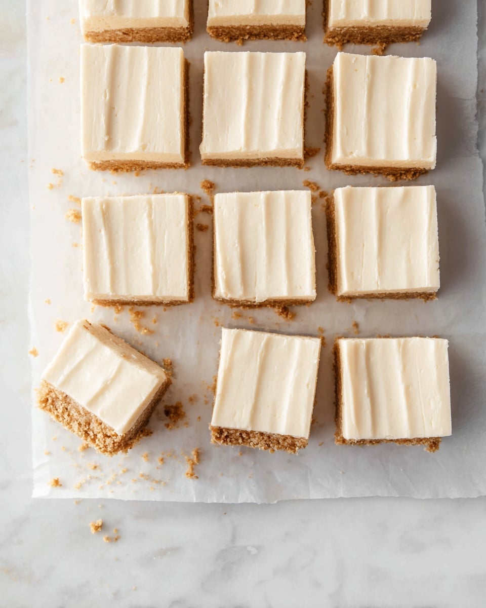The image shows nine square dessert bars arranged in a grid on white parchment paper over a white marbled surface. Each bar has two layers: the bottom layer is a crumbly light brown crust, and the top layer is a smooth, creamy off-white filling with subtle vertical lines or folds on the surface. One bar in the bottom row is slightly tilted, revealing the crust beneath the creamy layer, and some crumbs are scattered around the bars on the parchment and marble. photo taken with an iphone --ar 4:5 --v 7