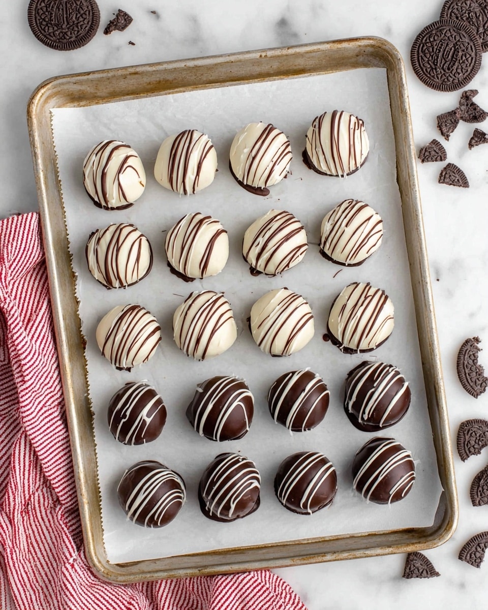 The image shows a baking tray lined with white parchment paper holding 18 round truffle balls arranged in three rows. The top two rows have white chocolate-covered truffles, each decorated with dark chocolate drizzle in thin, wavy lines across the surface. The bottom row contains dark chocolate-covered truffles with a white chocolate drizzle in similar thin lines. The tray sits on a white marbled texture surface, with broken chocolate sandwich cookies scattered on the right side and a red striped cloth in the bottom left corner. Photo taken with an iphone --ar 4:5 --v 7
