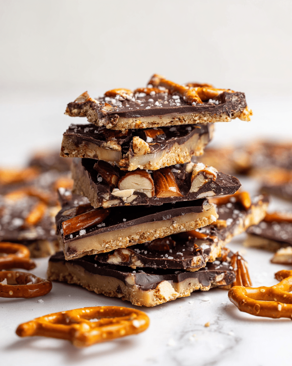 A stack of five uneven pieces of pretzel bark is shown close up on a white marbled surface. Each piece has three layers: a bottom layer of light brown, crumbly shortbread with visible small pieces of pretzel, a middle layer of broken pretzel sticks with tan and light white colors, and a top layer of dark, glossy chocolate scattered with small chunks of broken pretzels and salt bits. Around the stack, more broken pretzel pieces are spread casually. photo taken with an iphone --ar 4:5 --v 7
