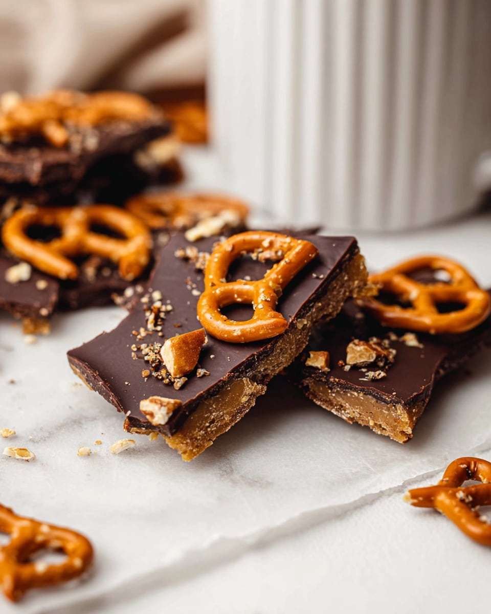 The image shows broken pieces of dark chocolate bark with a visible bottom layer of light brown, crumbly base topped by a thick, smooth dark chocolate layer. Scattered on top are broken pretzel pieces in orange-brown color with rough texture, some whole and some in smaller fragments, adding a crunchy contrast. The pieces are placed on a white marbled surface with a few loose pretzel crumbs around. In the background, more whole pretzels are slightly out of focus along with a white cup with vertical ridges. The photo taken with an iphone --ar 4:5 --v 7