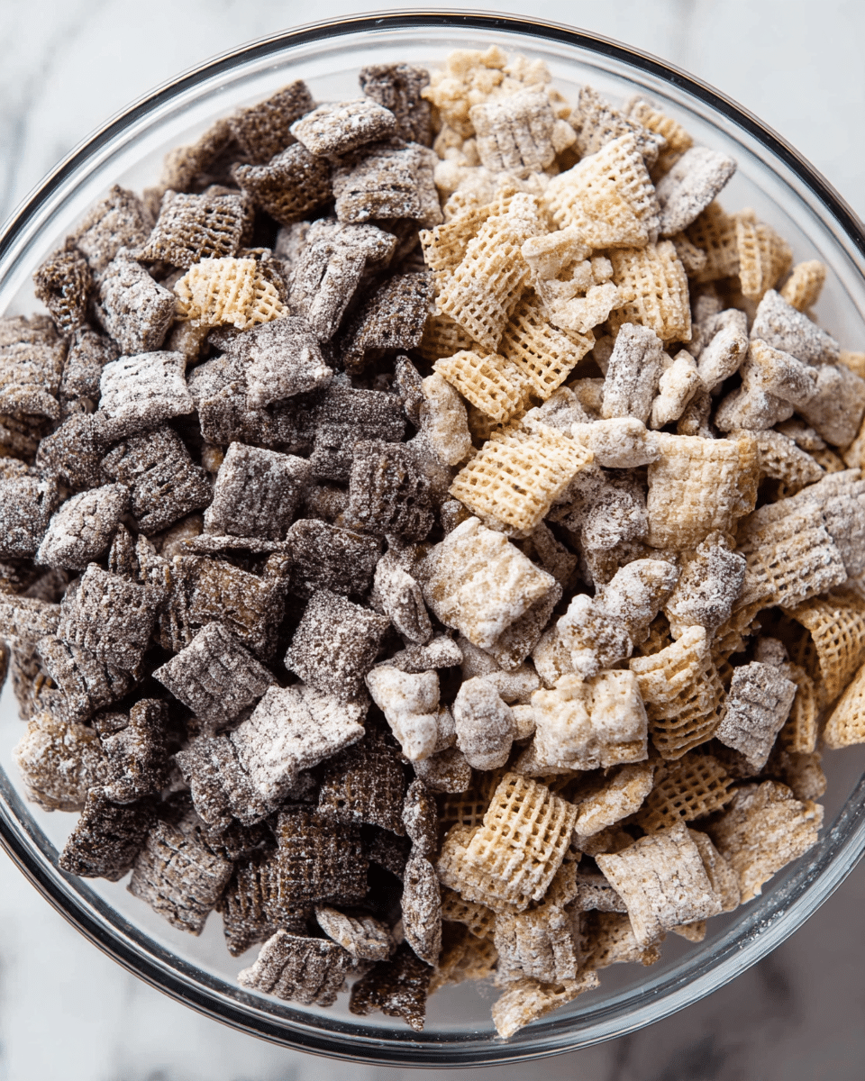 A clear glass bowl filled with a mix of two types of cereal pieces. The left half shows dark brown cereal squares covered in a powdery coating, and the right half shows light beige cereal pieces, some twisted and some square-shaped with a mesh texture, also coated in a powdery layer. The background is a white marbled texture. photo taken with an iphone --ar 4:5 --v 7