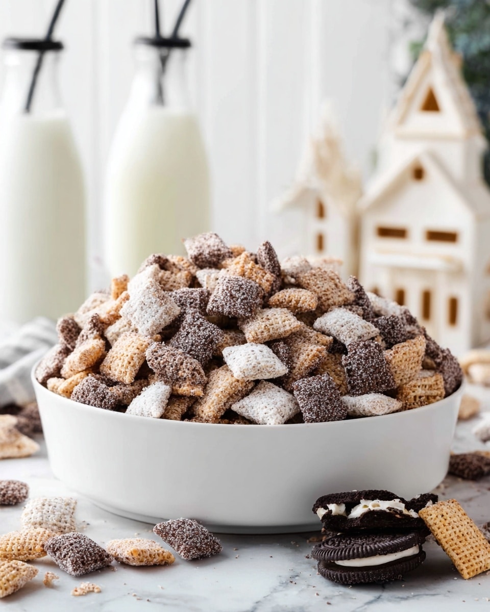 A large white bowl holds a heap of two-layered snack mix with square pieces, some coated in light white powder and others in darker brown powder, creating a mix of off-white and deep brown colors with a rough texture. Around the bowl on the white marbled surface, there are scattered pieces of the same snack and a partially broken cream-filled chocolate cookie showing its dark biscuit outer layer and white cream center. In the blurred background, two glass bottles filled with milk and topped with black lids and straws stand side by side, and a small decorative white house with a pointed roof and window detail adds coziness to the scene. photo taken with an iphone --ar 4:5 --v 7