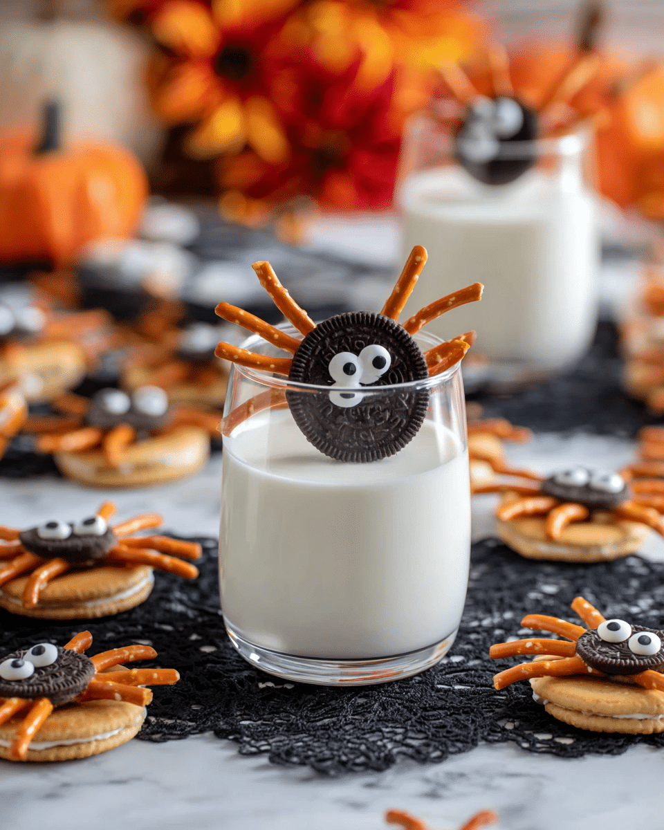 A clear glass filled with white milk has a sandwich cookie placed on top, made to look like a spider by adding six thin, orange pretzel sticks as legs evenly spaced around the cookie's edge, and two small white candy eyes on the cookie's cream layer at the front. Around the glass, there are more spider-shaped sandwich cookies, some whole and some cut in half, with the same pretzel legs and candy eyes. The scene is set on a black lace cloth over a white marbled surface with blurred fall-colored decorations in the background. Photo taken with an iphone --ar 4:5 --v 7