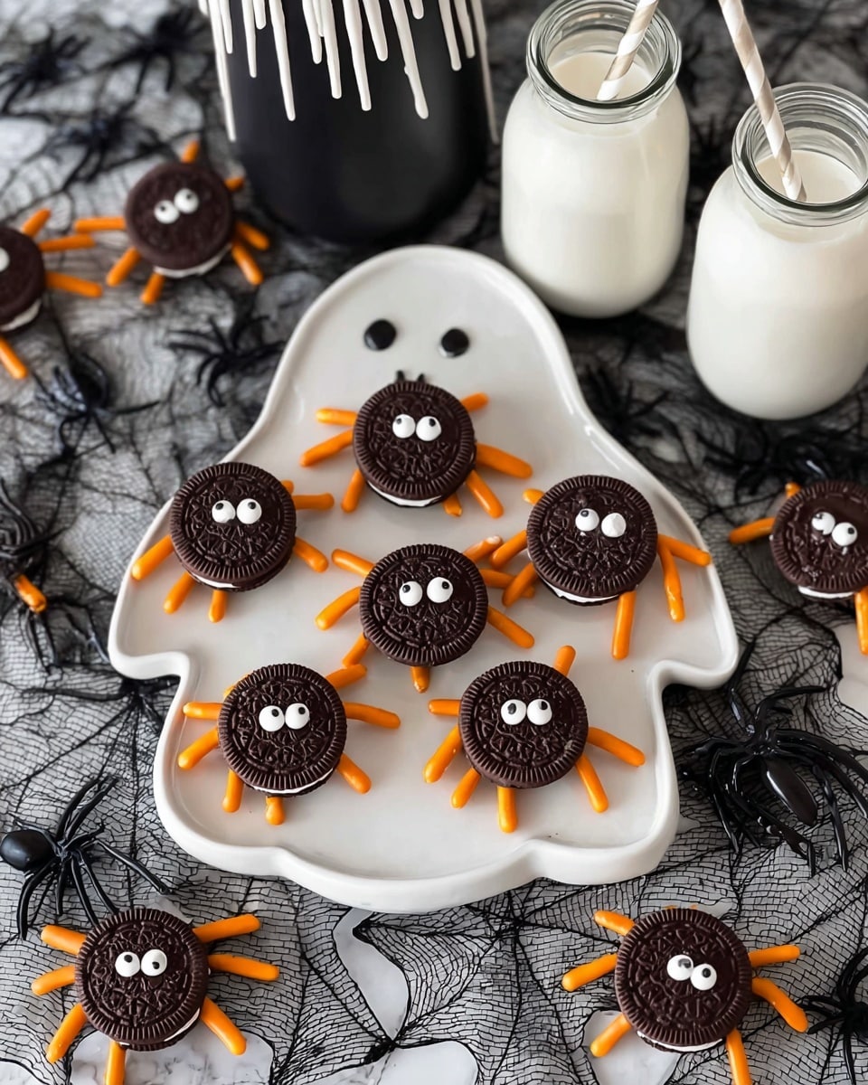 The image shows round chocolate sandwich cookies decorated to look like spiders on a white ghost-shaped plate. Each cookie has two small white candy eyes on one side and six orange pretzel stick legs arranged evenly around the sides of the cookies. Several spider cookies are placed inside the ghost plate, while a few others are arranged around it on a black spiderweb fabric over a white marbled surface. In the background, there are three white bottles with black lids and straws, and a black vase with white melted wax drips. Photo taken with an iphone --ar 4:5 --v 7