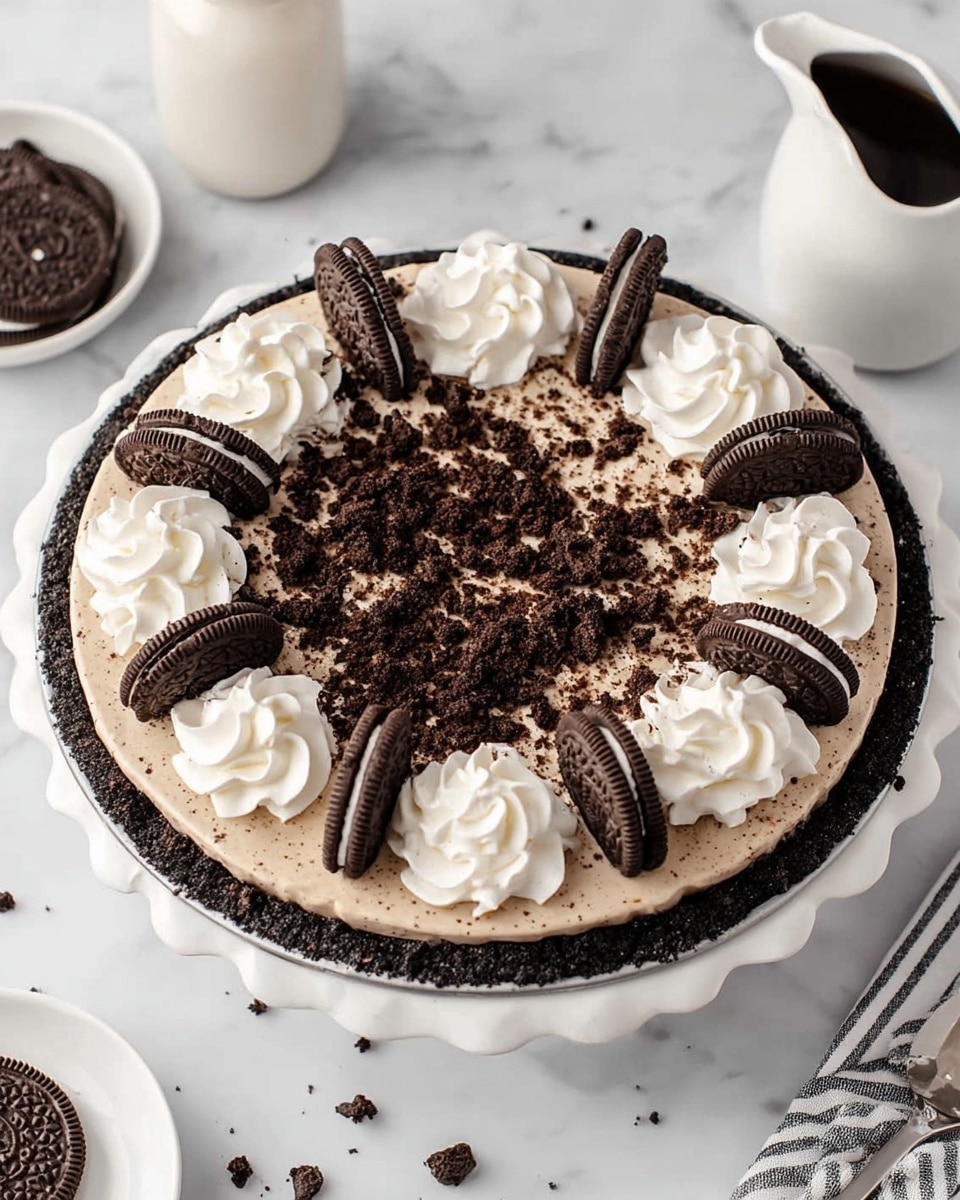 A round Oreo pie with three visible layers sits on a white scalloped plate placed on a white marbled surface. The bottom layer is a dark chocolate cookie crust, topped with a creamy light brown filling mixed with Oreo crumbs. The pie is decorated with eight evenly spaced white cream rosettes around the edge, each paired with a half Oreo cookie standing upright beside it. The center of the pie is covered with a layer of crushed Oreo crumbs, creating a textured dark topping. Scattered Oreo cookies and a white pitcher with dark liquid are near the pie. Photo taken with an iphone --ar 4:5 --v 7
