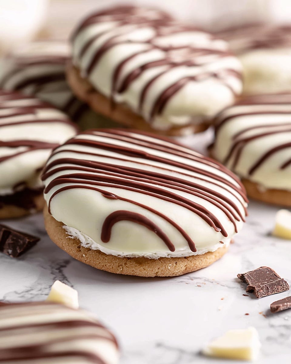 The image shows a close-up of round cookies with three visible layers: the bottom cookie layer is light brown and slightly textured, the middle layer is creamy white filling, and the top layer is smooth white chocolate coating with dark chocolate drizzled in thin, uneven lines. The cookies are placed on a white marbled surface. The focus is on one cookie in the front, with several other similar cookies blurred in the background. Small pieces of white and dark chocolate are scattered around the cookies. Photo taken with an iphone --ar 4:5 --v 7