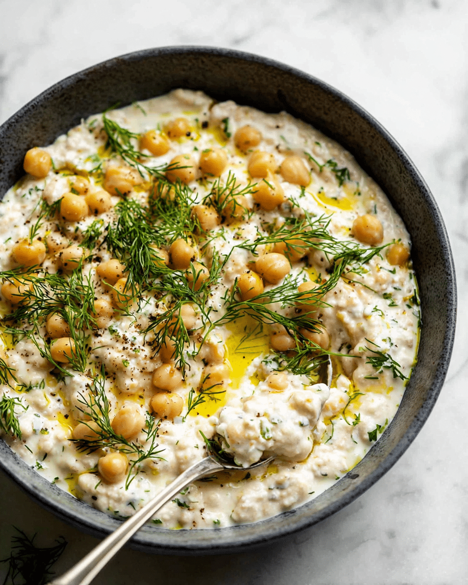 The dish is served in a dark bowl placed on a white marbled surface. It consists of a creamy white base mixed with light brown chickpeas spread evenly throughout the bowl. On top of the mixture, there are small sprigs of fresh green dill scattered. Some drops of golden oil are drizzled generously over the creamy chickpea mix, adding a glistening texture. A silver spoon is partially submerged in the dish, with some of the creamy chickpeas scooped onto it. photo taken with an iphone --ar 4:5 --v 7