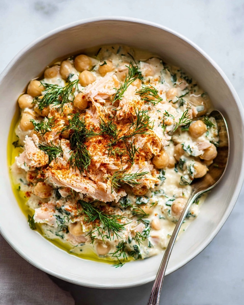 A white bowl filled with three visible layers: at the bottom, a drizzle of golden olive oil; on top of that, a creamy white chickpea and herb mixture with small green dill pieces and pale chickpeas; the top layer consists of light pink, flaky chunks of fish, sprinkled with a reddish spice and fresh green dill sprigs. A silver spoon rests inside the bowl, partially scooping the creamy chickpea mixture, all set on a white marbled surface. Photo taken with an iphone --ar 4:5 --v 7