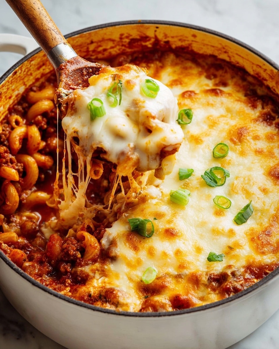 The image shows a white, round pot filled with a baked cheesy pasta dish. The dish is made of three main visible layers: the base layer is pasta mixed with a red tomato sauce and small chunks of meat, with a rich, thick texture; the middle layer is a generous amount of melted cheese covering half of the pasta, white and slightly browned in places; the top layer consists of green sliced scallions sprinkled on the cheese. A wooden-handled spoon is pulling a cheesy strand from the pot, revealing the gooey cheese stretching between the pasta and the spoon. The pot is sitting on a white marbled surface. photo taken with an iphone --ar 4:5 --v 7