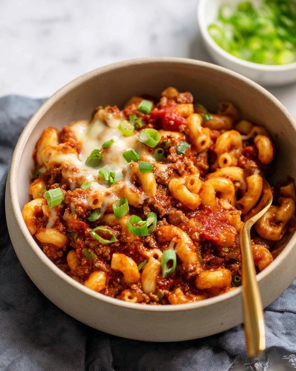 A beige bowl filled with cooked elbow macaroni mixed with rich red-brown meat sauce that has visible chunks of ground meat and small tomato pieces, topped on one side with melted creamy white cheese bubbling slightly and sprinkled with bright green sliced scallions. A gold spoon stands inside the bowl, and the bowl rests on a soft gray cloth over a white marbled surface. In the background, a white bowl with chopped green onions is slightly out of focus. photo taken with an iphone --ar 4:5 --v 7