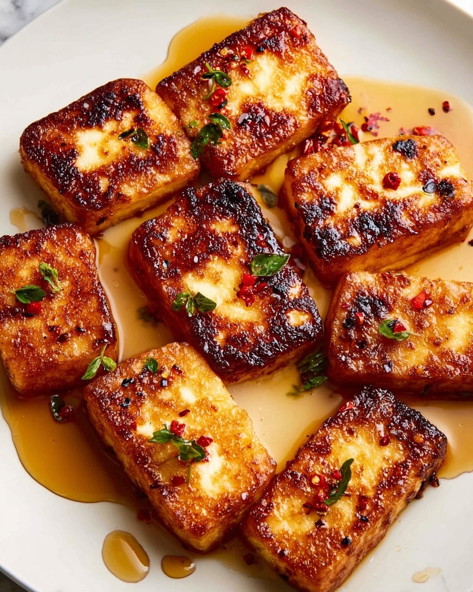 Seven golden-brown rectangular pieces of fried cheese are arranged closely on a white plate. Each piece shows a crispy, textured surface with varying shades of rich brown and slightly charred edges. The cheese is lightly drizzled with a shiny, amber-colored syrup, creating small pools on parts of the plate. Small green herb leaves and red chili flakes are scattered over the cheese, adding drops of green and red color that contrast with the warm tones of the cheese. The background is a white marbled texture that highlights the dish's warm colors. Photo taken with an iphone --ar 4:5 --v 7