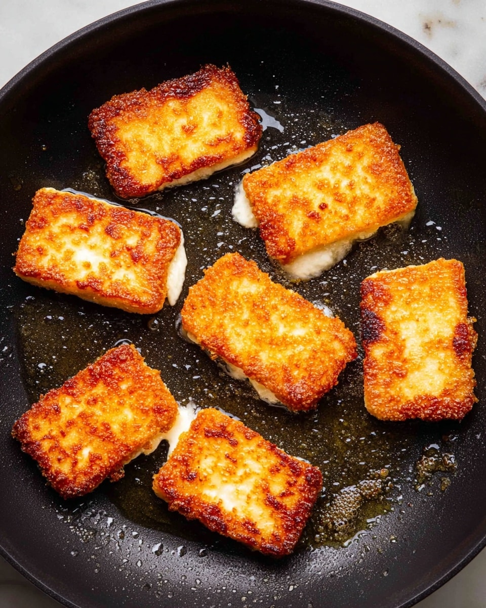 Seven pieces of fried cheese are shown cooking in a black non-stick pan. Each piece is rectangular with a crispy, golden brown outer layer that has some darker brown spots. The cheese inside looks white and soft, visible on the sides where the crust has not formed. Small drops of oil surround the pieces, giving a shiny look to the surface of the pan. The background is a white marbled texture. photo taken with an iphone --ar 4:5 --v 7
