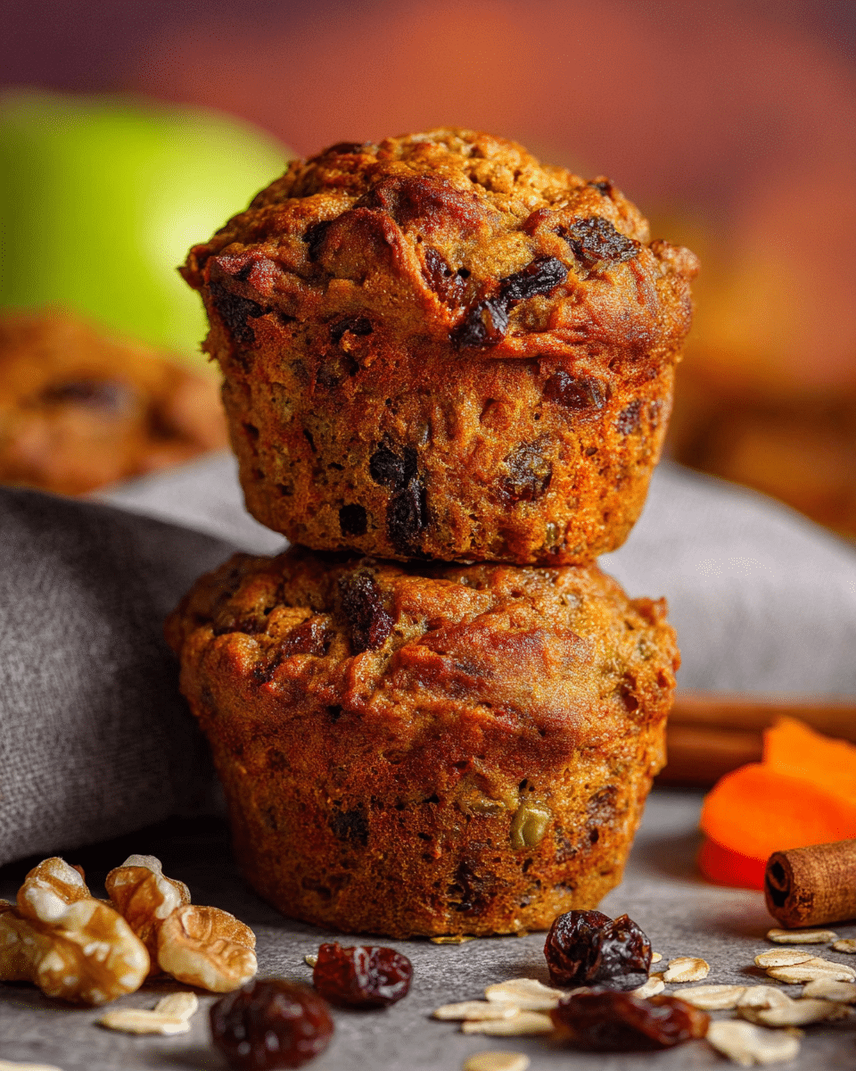 Two brown muffins stacked on top of each other, each with a rough, bumpy texture showing pieces of darker dried fruit and nuts inside. The muffins have a golden brown crust with some darker browned spots. Around the muffins on a gray cloth and rough stone surface are scattered walnuts, raisins, a cinnamon stick, an orange carrot ribbon, and a piece of green apple. The background is softly blurred with warm colors. Photo taken with an iphone --ar 4:5 --v 7