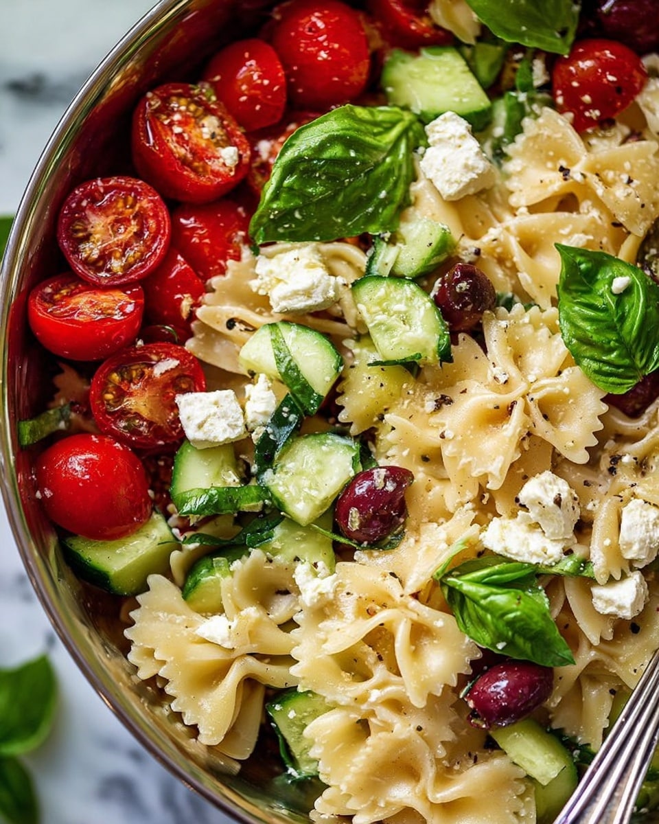 A close-up view of a bowl filled with colorful pasta salad, featuring three main layers: the bottom layer contains light beige farfalle pasta with a smooth, slightly shiny texture; the middle layer is a mix of bright red halved cherry tomatoes and light green cucumber slices, creating a fresh contrast; the top layer is scattered with small white cubes of feta cheese, dark purple olive pieces, and fresh bright green basil leaves adding a leafy texture. The bowl is silver metal, and a spoon is partially visible on the right side. The background has a white marbled texture. Photo taken with an iphone --ar 4:5 --v 7