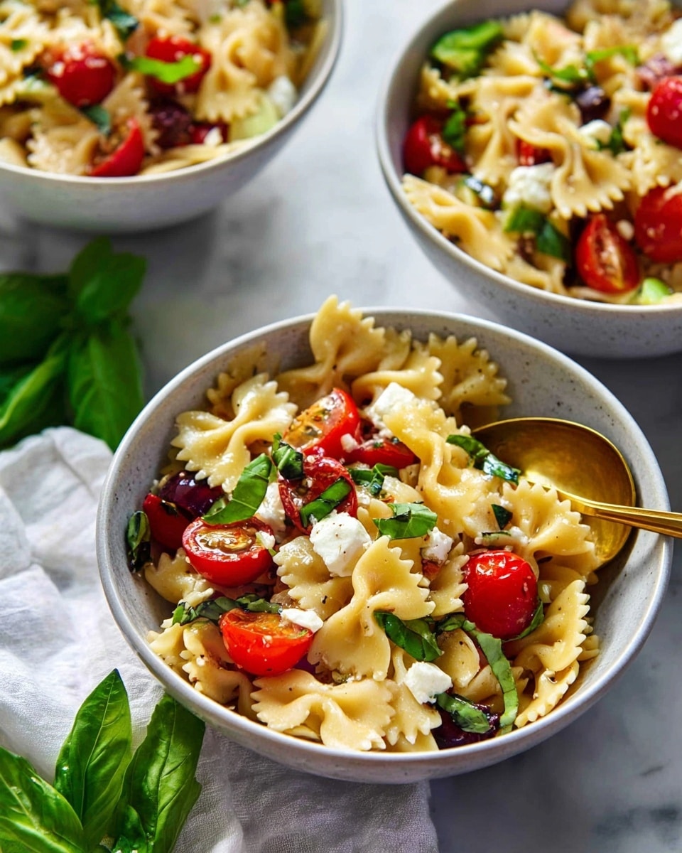 The image shows a close-up of three white bowls filled with a colorful pasta salad made of bowtie pasta. The salad has shiny red cherry tomato halves, small white cubes of cheese, dark brown olive slices, and scattered bright green basil leaves. The pasta is light yellow, with a glossy texture from a light dressing. One bowl has a golden spoon resting inside, and nearby green basil leaves add fresh color. All bowls are placed on a soft white cloth that sits on a white marbled surface. Photo taken with an iphone --ar 4:5 --v 7