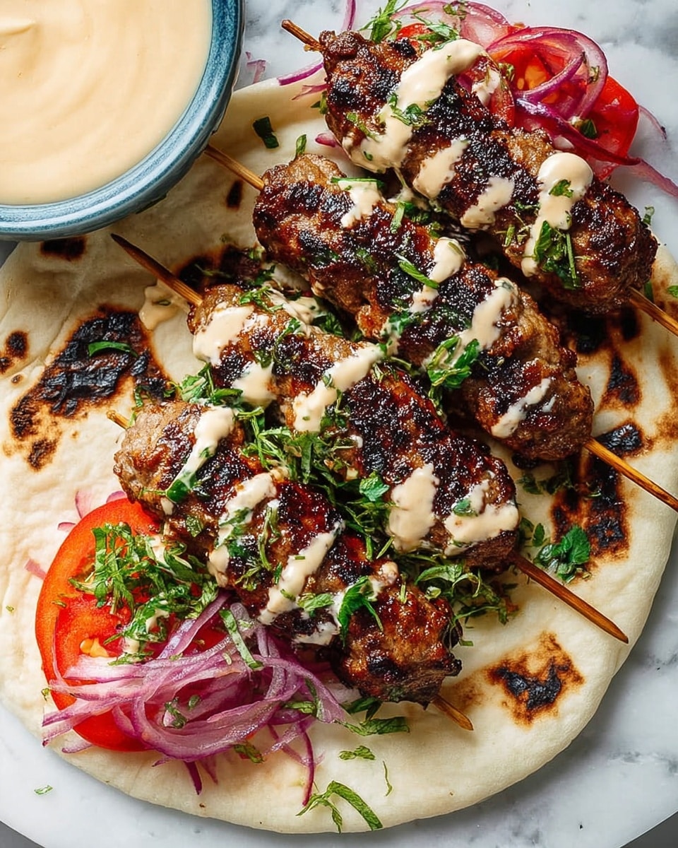 Five grilled kebabs with a dark brown, slightly charred texture lie on top of a flat round piece of white pita bread with some char marks, all placed on a white marbled surface. The kebabs are drizzled with a creamy light beige sauce and sprinkled with small green herb leaves. On the left side of the pita bread, there is a small pile of thinly sliced red onions and bright red tomato slices layered in a fan shape. A small bowl filled with the same creamy beige sauce is partially visible at the top left corner. photo taken with an iphone --ar 4:5 --v 7