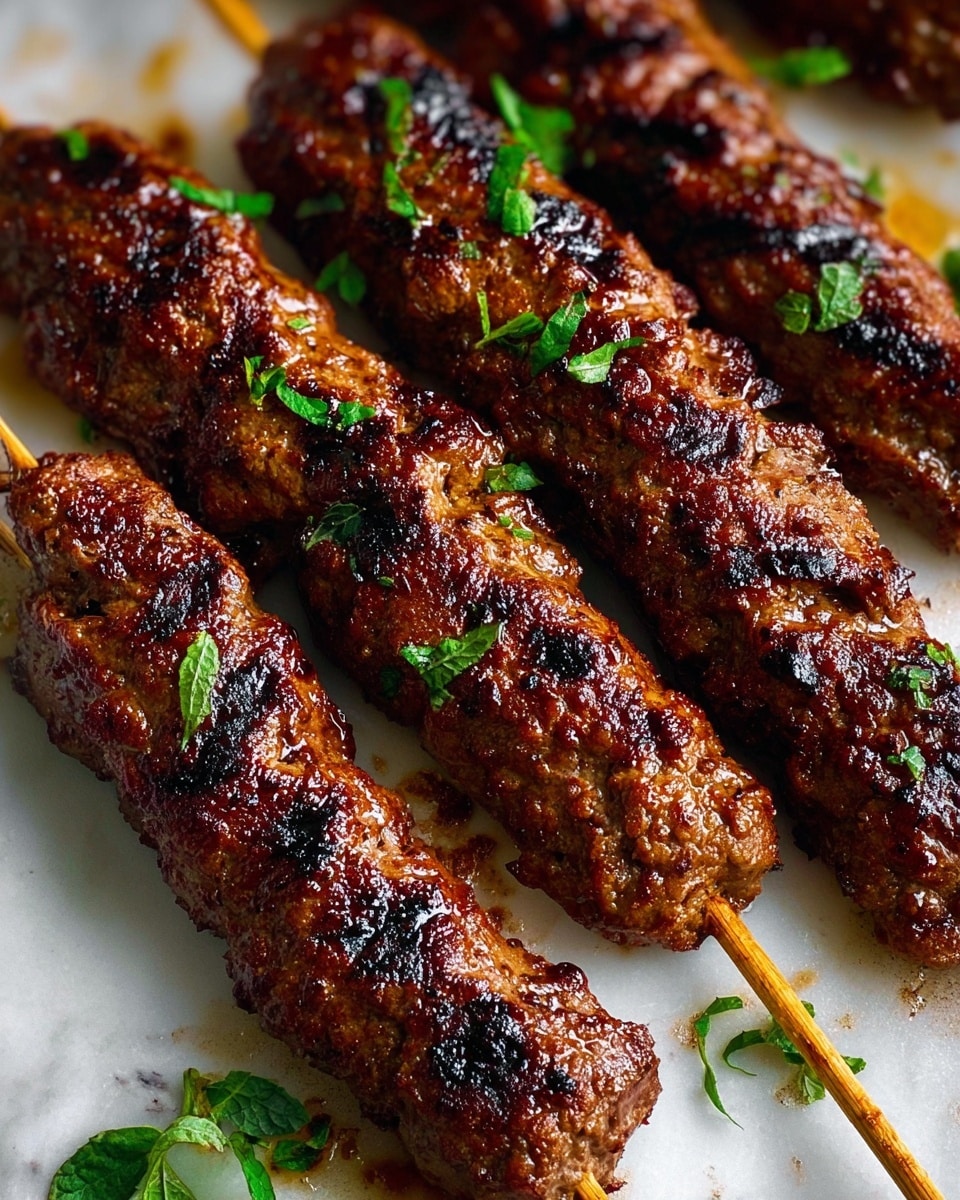 Several grilled meat skewers are laid out closely on a white marbled textured surface, each skewer showing a shiny, caramelized, dark brown crust with some small charred spots. The texture of the meat looks moist and slightly crinkled, indicating a juicy interior. Bright green fresh herb leaves are scattered lightly on and around the skewers, adding contrast with their vibrant color and smooth texture. Thin wooden sticks pierce the length of each skewer, visible at the ends. The lighting highlights the glistening glaze on the meat, enhancing the appetizing look. photo taken with an iphone --ar 4:5 --v 7
