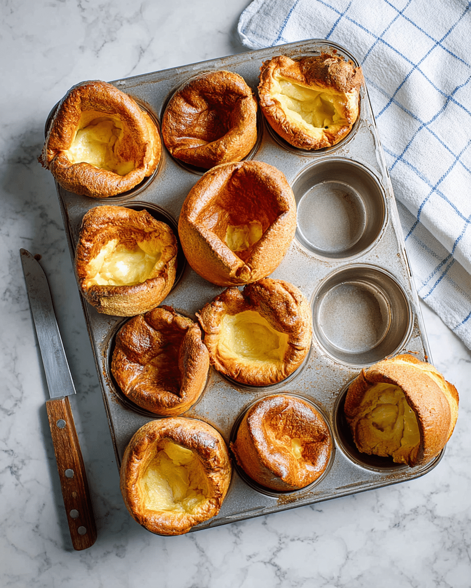 A metal muffin tray holds nine golden brown Yorkshire puddings, each with a rough, uneven top layer that is puffy and crispy with a darker brown color, showing crispy edges curling inward; beneath the top layer, a lighter, creamy yellow smooth inner layer is visible, filling the cups partially. One cup is empty, showing the clean, shiny silver metal. The tray rests on a white marbled surface, with a knife on the lower left and a white cloth with blue checkered lines in the top right corner. Photo taken with an iphone --ar 4:5 --v 7