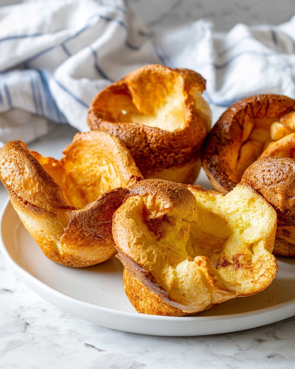 The image shows a white plate holding five golden-brown popovers with a crispy, uneven surface and soft, slightly hollowed centers. Each popover has a puffed, irregular shape with a light, airy texture and some browned spots giving a toasted look. The plate is placed on a white marbled surface, and in the background, a white cloth with thin blue stripes is softly crumpled. photo taken with an iphone --ar 4:5 --v 7