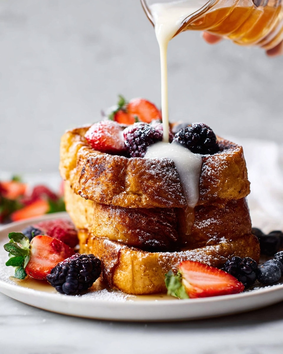 A stack of three thick, golden brown French toast pieces sits on a white plate with warm, crispy edges and soft texture inside. Fresh berries, including blackberries, blueberries, and sliced strawberries, are placed around and on top of the toast, adding deep purple, blue, and bright red colors. A white sauce is poured from a clear glass container by a woman's hand, drizzling down over the toast and berries, with a light dusting of powdered sugar on top. The background is a white marbled texture with soft natural light enhancing the warm and fresh feel. photo taken with an iphone --ar 4:5 --v 7