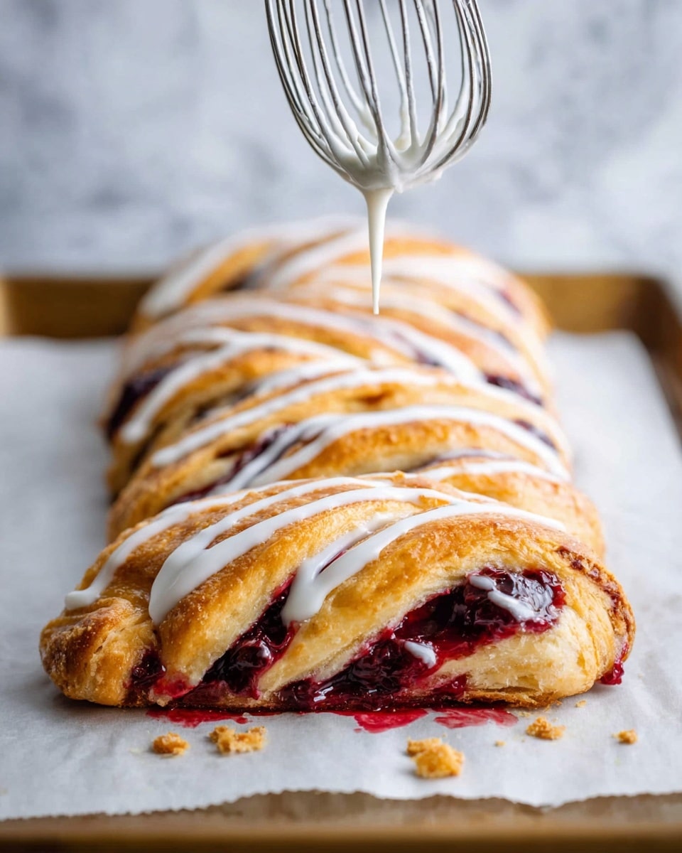 A golden-brown pastry braid with thick, dark red berry filling oozing slightly from inside, laid out on white parchment paper over a baking tray, topped with white icing being drizzled from a metal whisk held above the braid. The pastry layers are well defined, with flaky, soft-looking dough wrapped around the fruity filling in a neat woven pattern. The background shows a white marbled texture, giving a clean, bright look to the image. Photo taken with an iphone --ar 4:5 --v 7
