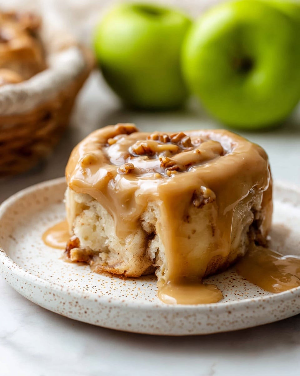A close-up image of a cinnamon roll on a white speckled plate, showing two main layers: the thick, soft, light brown dough with visible swirls and bits of cinnamon inside, and a smooth, creamy caramel-colored glaze generously covering the top and dripping down the sides; the plate sits on a white marbled surface with blurry green apples and a basket in the background for contrast. photo taken with an iphone --ar 4:5 --v 7