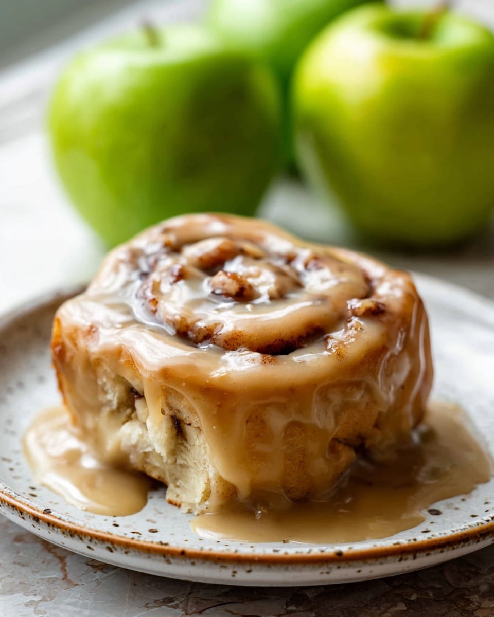 A soft cinnamon roll with visible swirls of dough and cinnamon, covered thickly in a creamy, caramel-colored glaze that drips over the sides. The cinnamon roll sits on a white speckled plate with a slightly raised edge. In the blurred background, there are two shiny green apples placed on a white marbled texture. Photo taken with an iphone --ar 4:5 --v 7