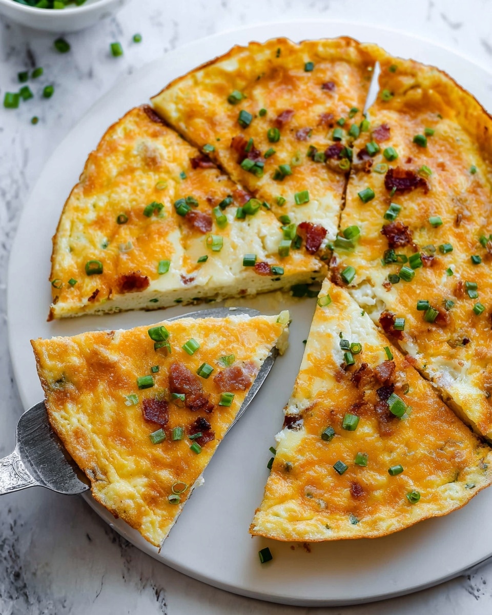 A round frittata cut into four slices is on a white plate with a smooth edge. The frittata has two main layers: a light golden, fluffy egg base and a top melted cheese layer with a slightly browned and bubbly texture. Small pieces of crispy bacon and bright green chopped scallions are scattered evenly across the top, adding pops of color. The edges of the frittata are slightly browned and crispy, giving texture contrast. A silver spatula is lifting one slice from the plate, showing the fluffy inside with bits of bacon and green onion inside. The background is a white marbled texture. photo taken with an iphone --ar 4:5 --v 7