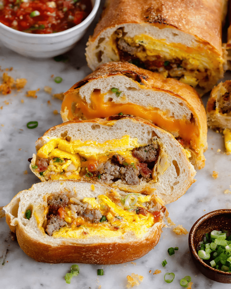 A sliced breakfast sandwich roll is shown on a white marbled surface, revealing four layers inside the golden brown crust: the bread layer is soft and light with a sponge-like texture; inside, layers of cooked sausage in small crumbles, crispy bacon bits, fluffy yellow scrambled egg, and melted cheddar cheese blend together. The melted cheese is bright orange and glossy, partially melted over the egg and bread. Some green onion pieces are visible mixed into the layers, adding a fresh touch. Small crumbs and a few tiny pieces of egg are scattered around the sandwich. Nearby, a white bowl with chunky red salsa and a brown bowl with fresh green onions frame the sandwich pieces. Photo taken with an iphone --ar 4:5 --v 7
