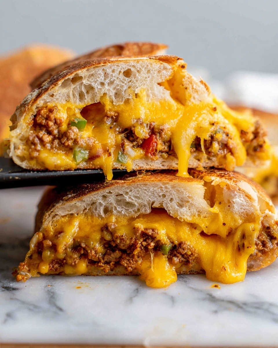 The image shows a close-up of a sandwich cut in half, with melted yellow cheese oozing from the top layer. The sandwich has three visible layers: the top layer is golden melted cheese, the middle layer contains cooked ground meat mixed with small bits of vegetables, and the bottom layer is a thick, airy, light brown bread with a slightly crispy crust. The sandwiches are resting on a white marbled surface, and one half is being lifted with a black spatula, with cheese stretching down. Photo taken with an iphone --ar 4:5 --v 7