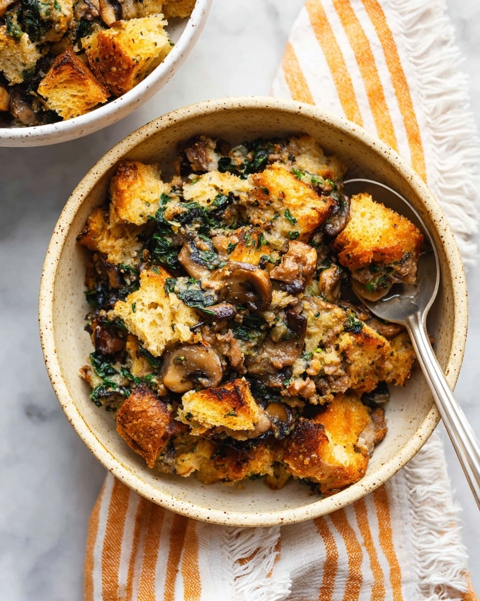 A bowl filled with a layered dish consisting of golden brown toasted bread chunks mixed with cooked mushrooms, bits of ground meat, and wilted dark green spinach leaves; the textures vary from crispy on the bread edges to soft and creamy inside, with herb flecks scattered throughout. The bowl is beige with small brown speckles and holds a silver spoon lifting a scoop of the mixture, all sitting on a white marbled surface next to a white cloth with orange stripes and fringes. In the upper corner, part of another bowl with similar contents is partially visible. Photo taken with an iphone --ar 4:5 --v 7