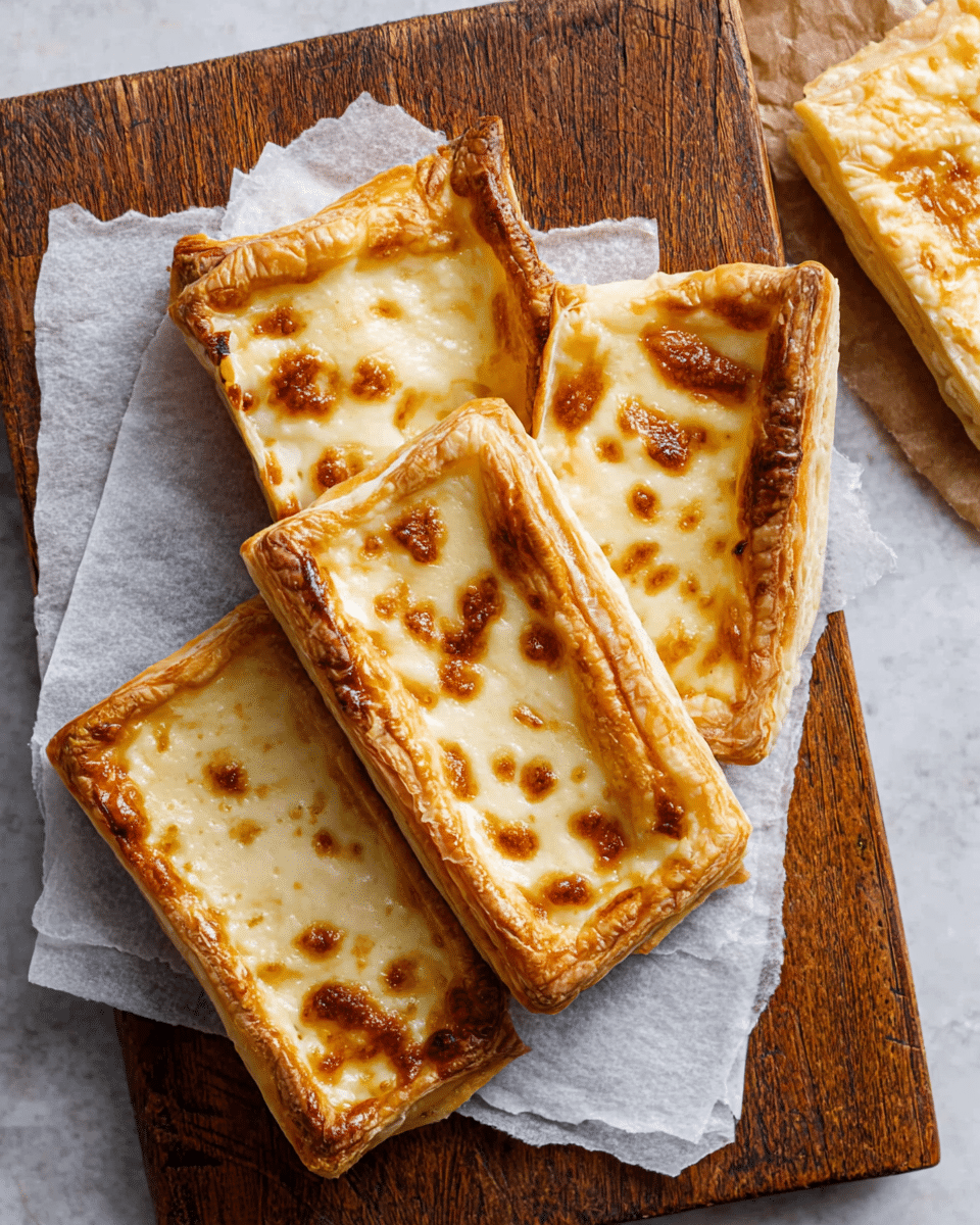 Four rectangular pastries are arranged slightly overlapping on a piece of white parchment paper placed on a worn wooden cutting board. Each pastry has two layers: the base layer is flaky and golden brown with crisp edges, while the top layer is a lighter cream color with a slightly browned, bubbly texture from melted cheese. The white marbled surface beneath the board and an out-of-focus cut pastry in the corner add to the scene. photo taken with an iphone --ar 4:5 --v 7