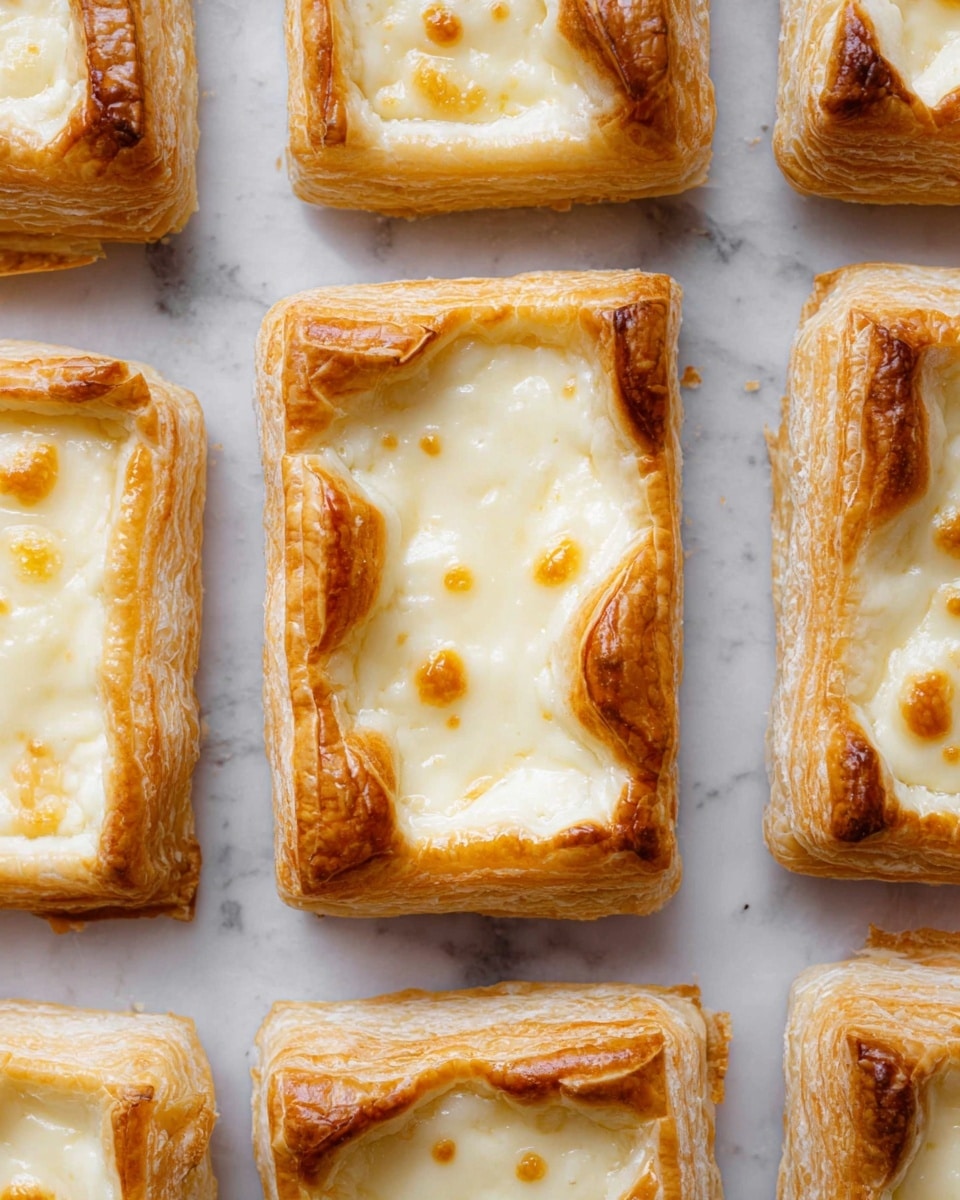 The image shows several rectangular puff pastries placed on a white marbled surface. Each pastry has two layers: the bottom layer is golden brown, flaky, and thick with visible puffed edges, while the top layer is a creamy white cheese spread that is slightly browned in spots from baking. The pastries are arranged in a neat grid, with each piece having a slightly uneven spread of the cheese, adding texture and warmth to the look. photo taken with an iphone --ar 4:5 --v 7