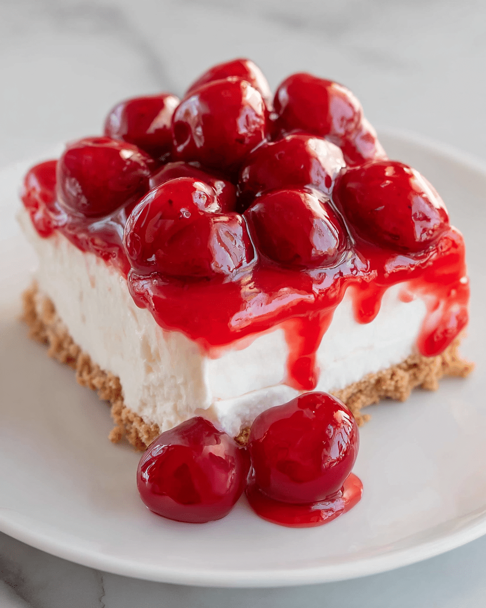 A square dessert with three clear layers sits on a white plate over a white marbled surface. The bottom layer is a light brown, crumbly crust. The middle layer is thick, creamy, and white with a smooth texture. The top layer consists of glossy, bright red cherries covered in a shiny red glaze, some dripping down the sides and onto the plate. The cherries are plump and clustered closely together, creating a vibrant and juicy look. Photo taken with an iphone --ar 4:5 --v 7