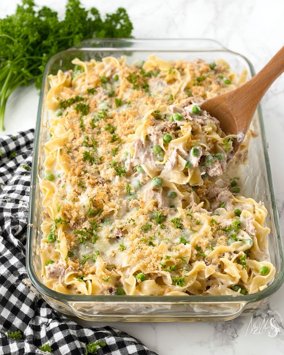 A glass baking dish filled with a creamy pasta casserole, showing about two layers of wide egg noodles mixed with green peas and bits of light pink tuna. The top layer is sprinkled with melted white cheese and light golden breadcrumb crumbs, giving a soft and crunchy texture. A wooden spoon lifts some of the pasta from the dish, revealing the moist and slightly chunky mix inside. The dish is placed on a white marbled surface, with a black and white checkered cloth partially under one side and a sprig of green parsley in the top left corner. Photo taken with an iphone --ar 4:5 --v 7