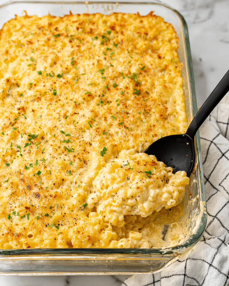 A glass baking dish filled with a creamy, golden-yellow baked casserole made of small pasta shapes layered evenly throughout. The top layer is light and bubbly with a slightly crispy texture, sprinkled with small green herb bits for color contrast. A black serving spoon is scooping out a portion from one corner, showing the soft, creamy inside with visible bits of herbs and cheese. The dish sits on a white marbled textured surface with a checkered white cloth partially visible. Photo taken with an iphone --ar 4:5 --v 7